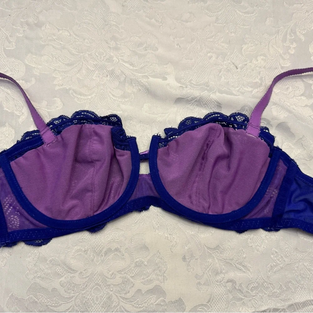 Adore Me‎ Hannah Bra Unlined Balconette Size 34DD Blue Purple Lace Underwire